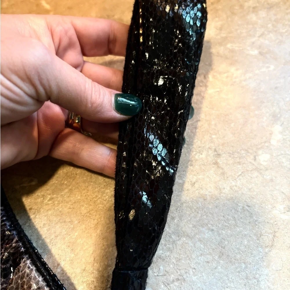 NINE WEST Faux Python Snake Print Black Metallic Clutch